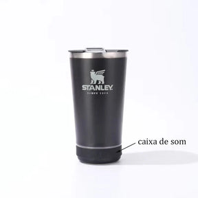 Copo térmico inox STANLEY com tampa abridor e caixa de som com bluetooth Led 420ML