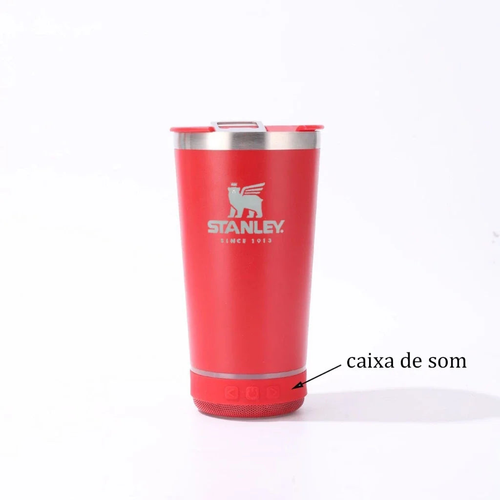 Copo térmico inox STANLEY com tampa abridor e caixa de som com bluetooth Led 420ML