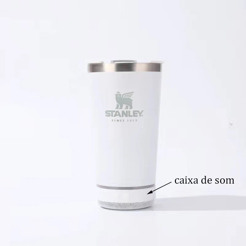 Copo térmico inox STANLEY com tampa abridor e caixa de som com bluetooth Led 420ML