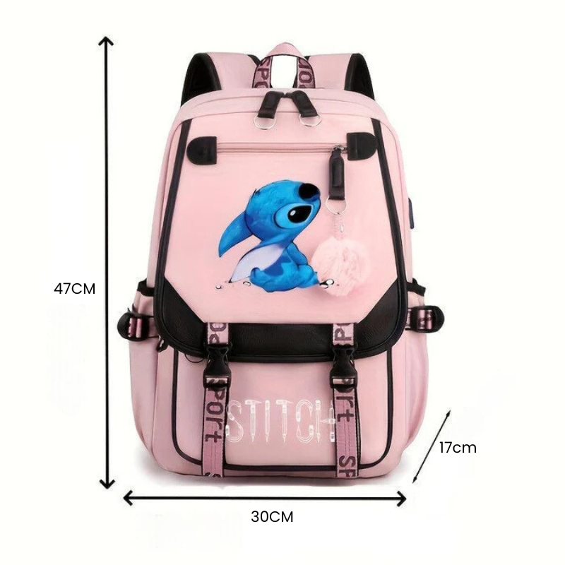 Mochila Escolar do Stitch com Grande Capacidade e Porta USB