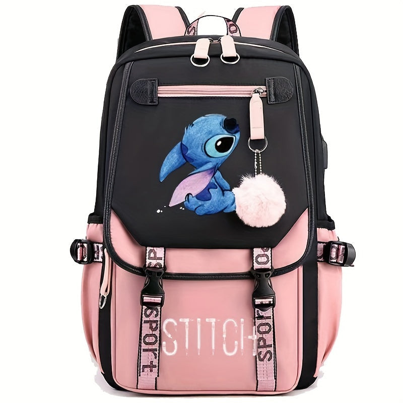 Mochila Escolar do Stitch com Grande Capacidade e Porta USB