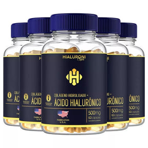 Kit c/ 3 Frascos - Colágeno Hidrolisado + Ácido Hialurônico - 60 caps